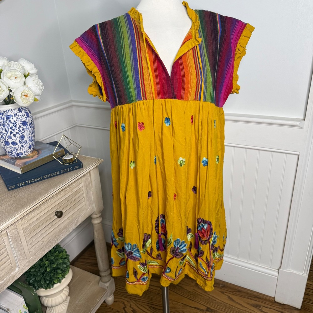 Uncle Frank Mustard Yellow Embroidered Striped Boho Mini Dress XS Tassel Sequin